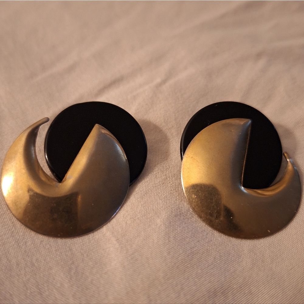 Gold Tone and Black Circular Earrings